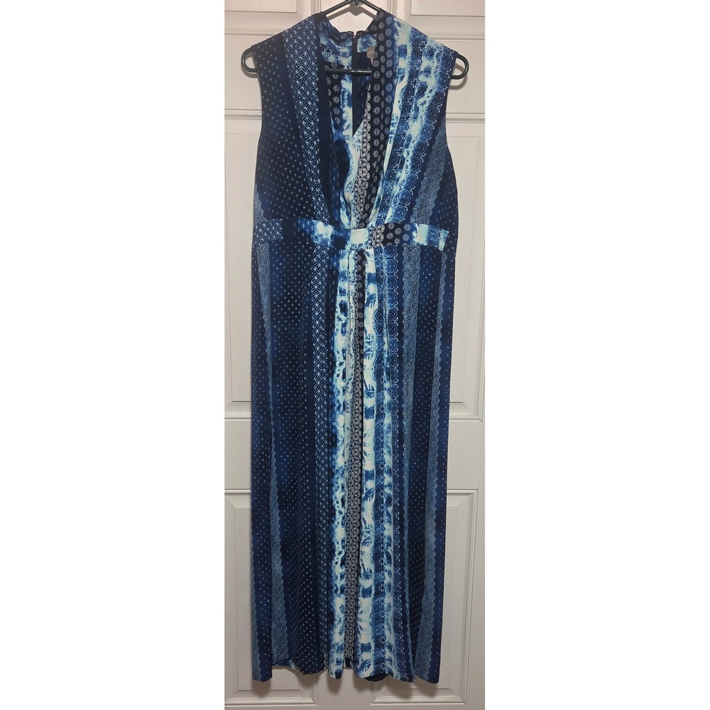 Chicos Blue Batik Mixed Print Sleeveless Maxi Dress Size 1 US 8 V-Neck Empire